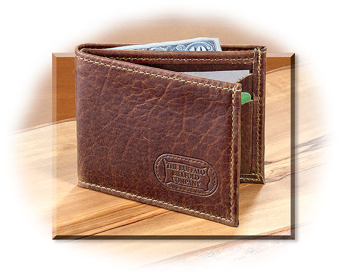AMERICAN BISON LEATHER BI-FOLD WALLET - AMERICAN CHESTNUT - CONTRAST STITCHING - 6 CARD SLOTS - BILL