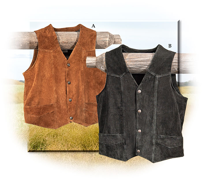 WESTERN SUEDE LEATHER VEST - COGNAC or Black - SNAP FRONT CLOSURE - WESTERN YOKE FRONT AND BACK