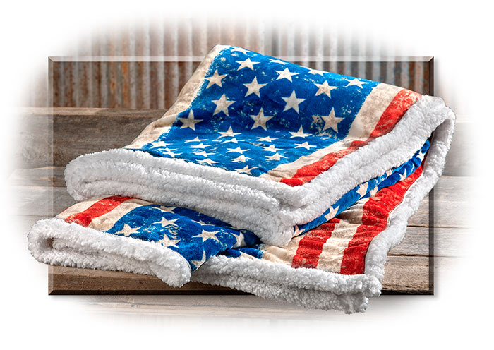 STARS AND STRIPES FLEECE THROW - FADED FLAG PATTERN - LINED WITH SHEARLING - RED, WHITE AND BLUE