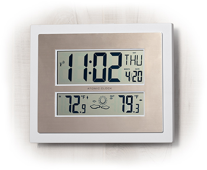 ATOMIC DIGITAL WALL CLOCK - TEMPERATURE AND FORECAST - WHITE PLASTIC FRAME WITH BRUSHED CHAMPAGNE