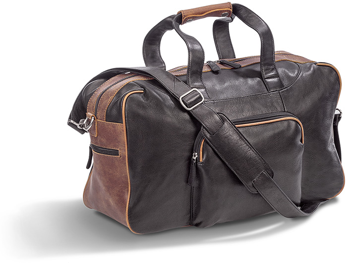 DUFFEL BLACK WITH DISTRESSED BROWN ACCENTS - GENUINE COWHIDE LEATHER - REMOVABLE SHOULDER STRAP