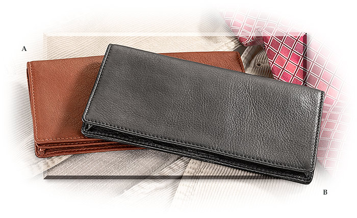 GENUINE LEATHER CHECKBOOK & CREDIT CARD WALLET-BRANDY LEATHER-RFID RESISTANT-BROWN NYLON LINING