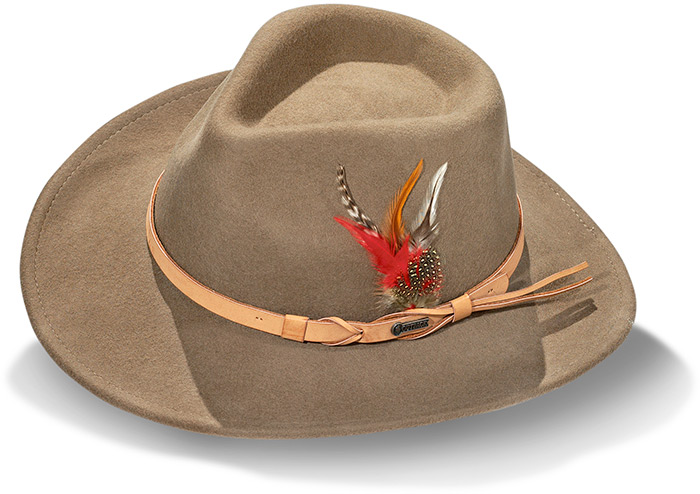 AUSTRALIAN WOOL HAT - LARGE - BROWN LEATHER HATBAND WITH FEATHER - UPF 50