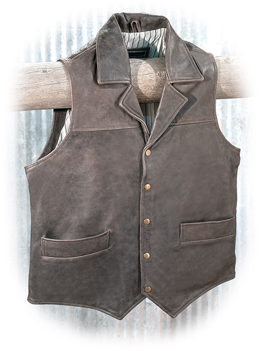 Genuine rugged leather lapel vest with two welted hip pockets and inside left chest pocket.