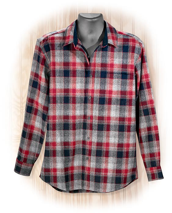 PENDLETON LODGE SHIRT  - RED / GRAY / NAVY PLAID BUTTON CLOSE FRONT - LONG SLEEVES - MACHINE