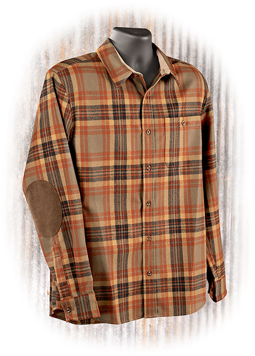 PENDLETON WOOL - TRAIL SHIRT- BROWN / COPPER / GOLD PLAID - BUTTON UP - ULTRASUEDE ELBOW