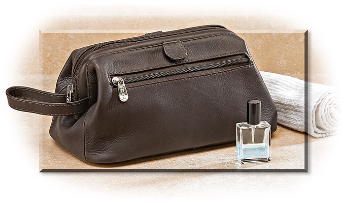 TOP FRAME TRAVELING DOPP KIT - CHOCOLATE BROWN LEATHER WRIST/HAND STRAP