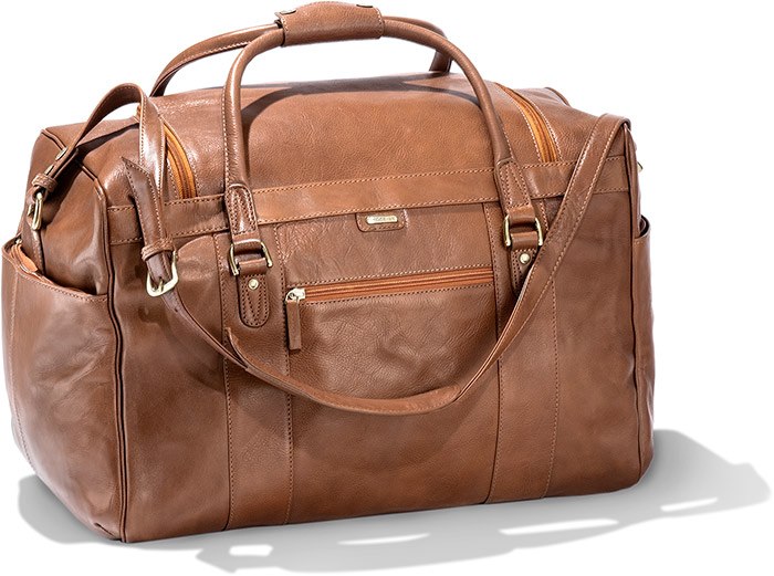 BROWN LEATHER DUFFLE BAG - HANDSTAINED CALF SKIN LEATHER - 2 HAND STRAPS - REMOVABLE / ADJUSTABLE SH