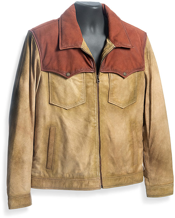 TAN SUEDE ZIPPERED FRONT JACKET - BROWN LEATHER TRIM