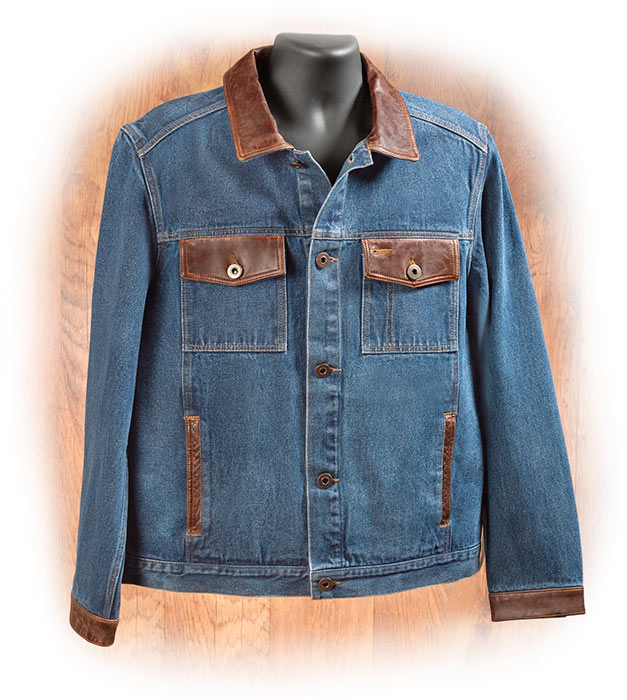 DENIM JEAN JACKET WITH LEATHER TRIM - BUTTON FRONT - LEATHER ON COLLAR AND CHEST POCKET