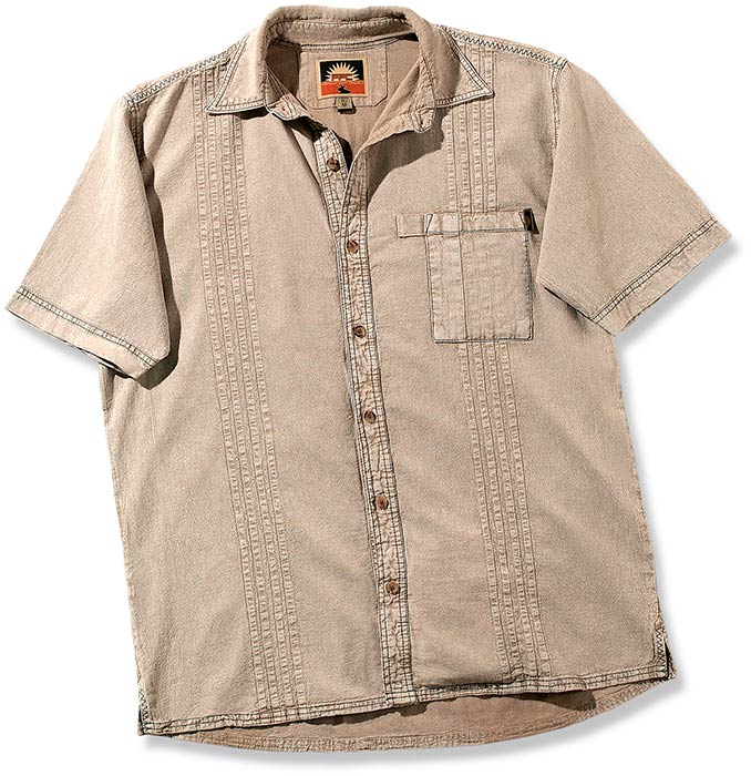 100% Peruvian Cotton Tan Traveler's Short-Sleeve shirt - button up, collared, shirt pocket, comfort.