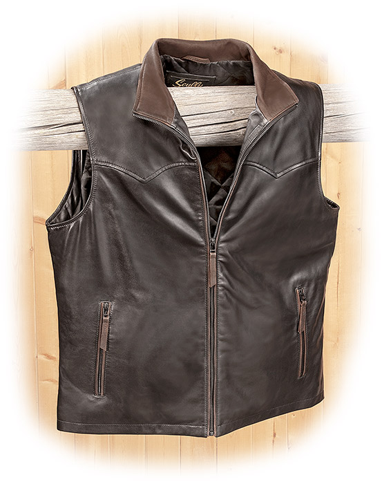 BLACK LAMB LEATHER VEST - X-LARGE - DARK BROWN TRIM - ZIPPERED CLOSURES - BLACK QUILTED LINING