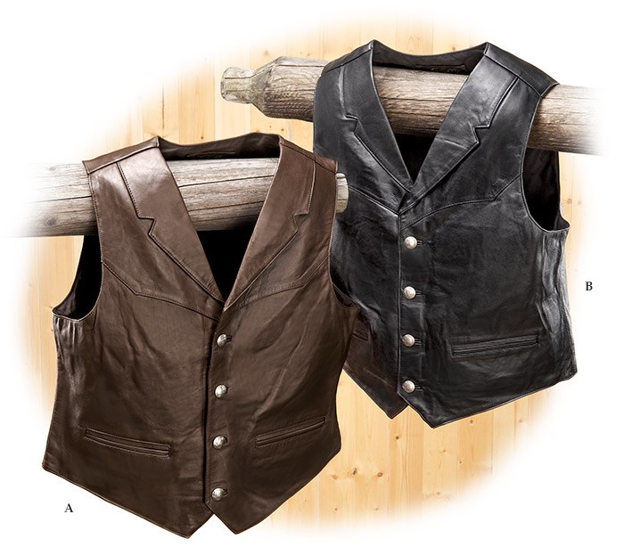 Soft Lamb Leather Lapel Vest in Black or brown with two front pockets. Dressy men's leather vest
