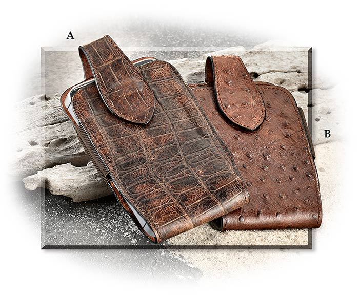 Cowhide Leather Phone Holster with magnetic top - embossed as Crocodile or Ostrich leather