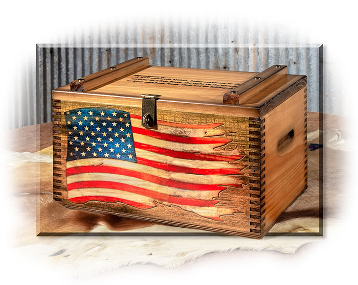 Second Amendment Wooden Ammo Box with American Flag on side - Vintage Editions chest