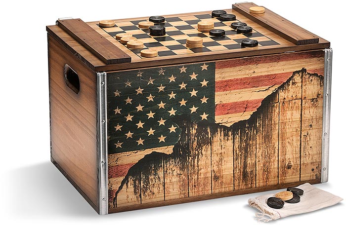 AMERICAN FLAG CHECKBOARD TOP STORAGE BOX - CHECKERS INCLUDED - VINTAGE FINISH - 17 3/4 X 12 X 11 1/4