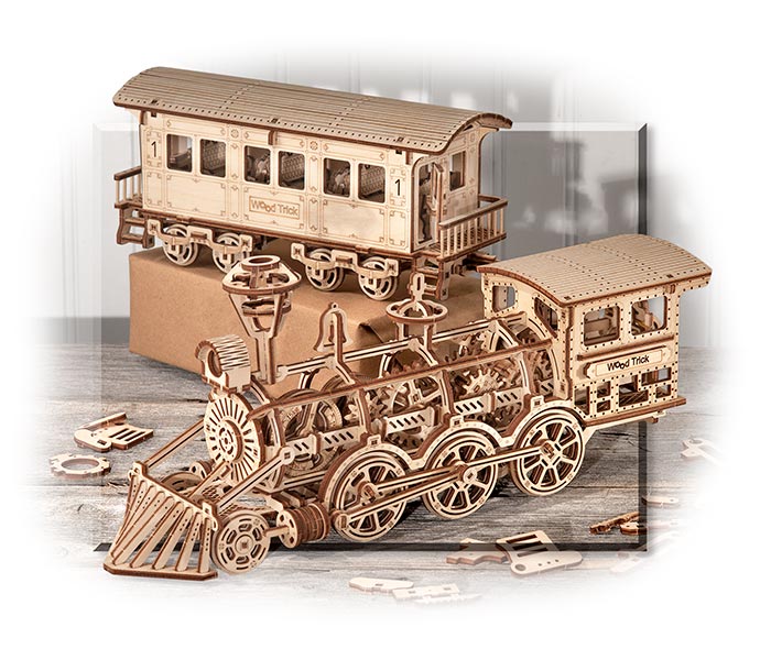 3D MECHANICAL PUZZLE - LOCOMOTIVE WITH PASSENGER CAR - LASER CUT OUT PIECES FROM SANDED PLYWOOD