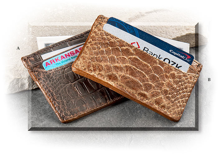 EMBOSSED LEATHER CARD WALLET-GATOR PATTERN-TAN 4 CARD POCKETS-1 OPEN TOP POCKET GENUINE LEATHER