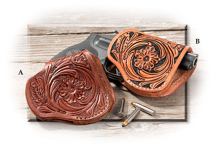 Hand Tooled & Painted Leather Gun Holsters with traditional western floral design and metal clip