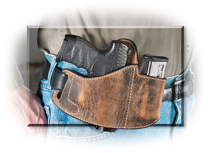DISTRESSED LEATHER HOLSTER WITH MAGAZINE POUCH - FOR RIGHT-HAND CARRY