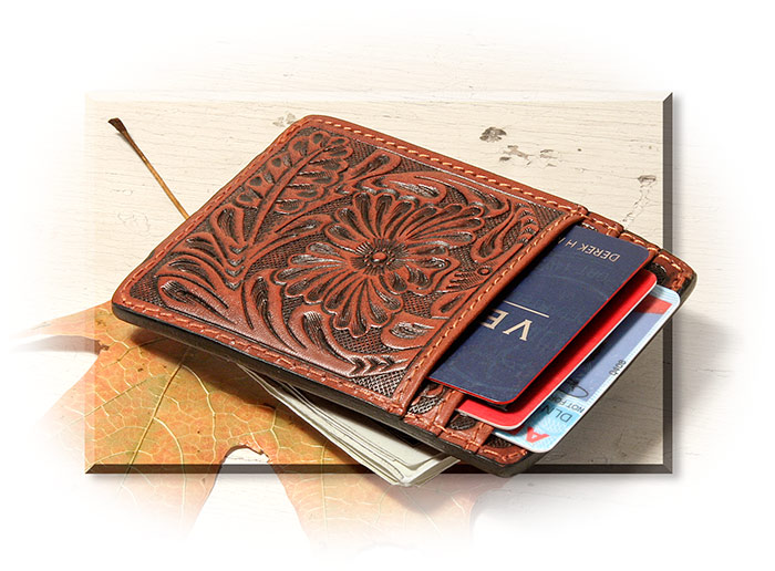 MONEYCLIP - TOOLED BROWN LEATHER - WESTERN FLORAL PATTERN