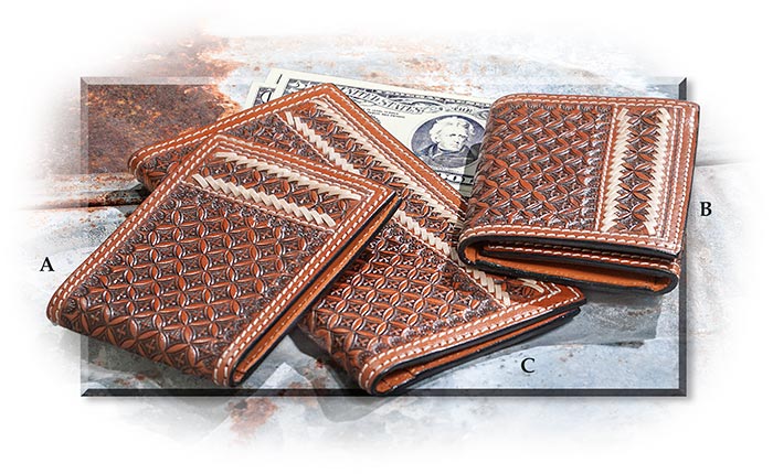 Handtooled Brown Leather Snowflake Pattern Bifold Wallet, Trifold Wallet, & Rodeo wallet 