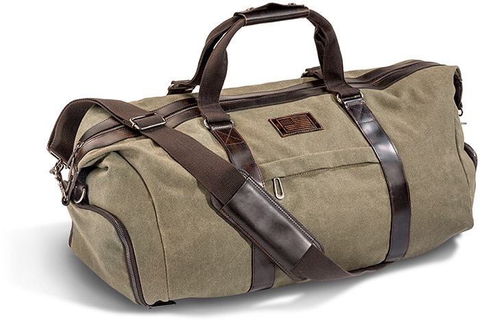 WAXED CANVAS WEEKENDER DUFFEL BAG - GREEN CANVAS WITH BROWN LEATHER TRIM
