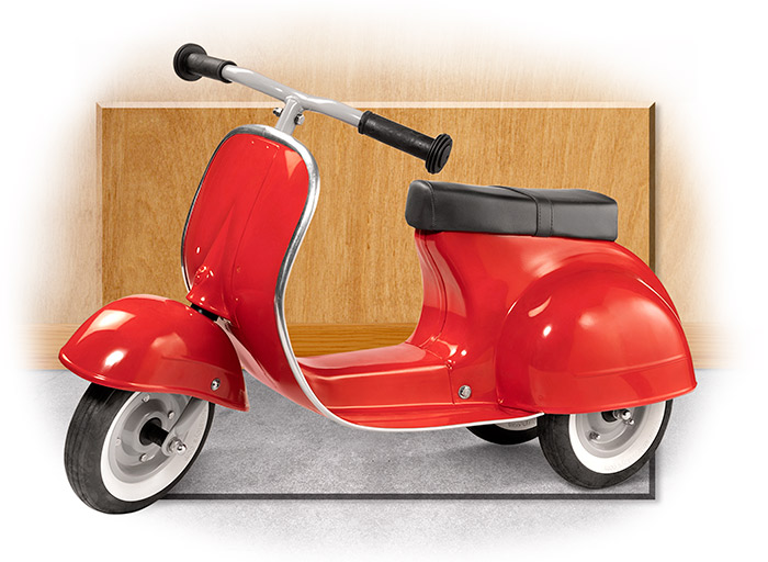 RIDE-ON CLASSIC SCOOTER - SELF PROPELLED - RED POWDER COATED - ALUINUM TRIM - BLACK FAUX LEATHER
