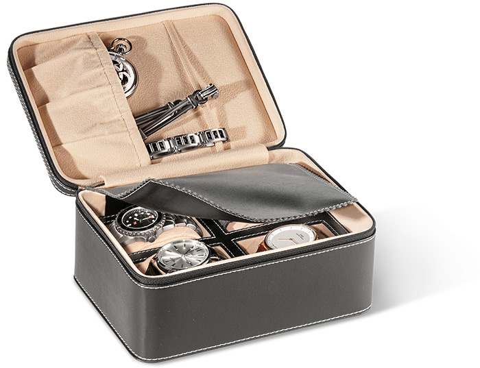 4 WATCH TRAVEL CASE - BLACK LEATHER W/CONTRAST STITCHING - CREAM SUEDE LINING - ZIPPERED CLOSURE