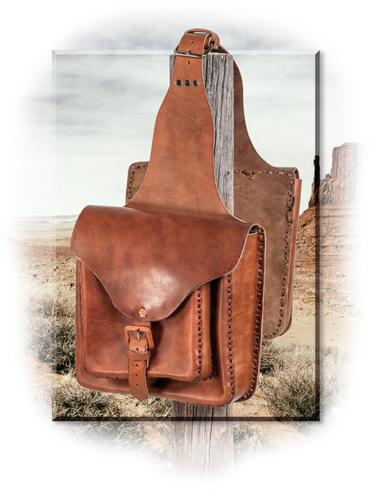 TAN LEATHER SADDLEBAGS - TAN LEATHER STITCHING - BUCKLE CENTER STRAP - SIDE POCKETS WITH BUCKLE 