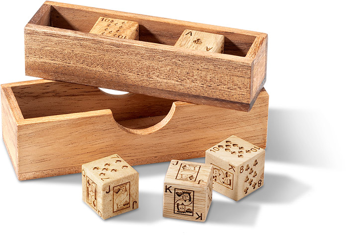 POKER DICE DELUXE - FIVE DICE WITH 30 CARD PATTERNS - HARDWOOD CUBE WITH WOOD BOX FOR STORAGE