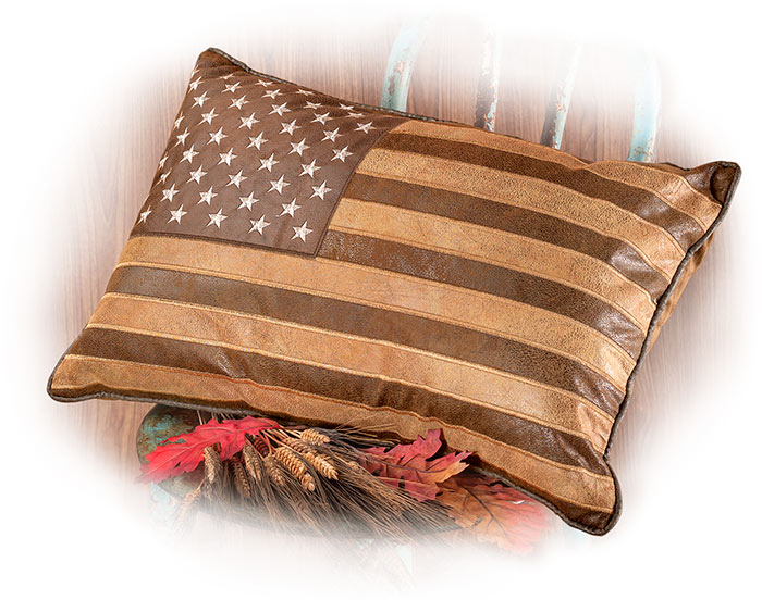 AMERICAN FLAG THROW PILLOW - FADED DISTRESSED LOOK - LIGHT AND DARK BROWNS WITH STITCHED STARS