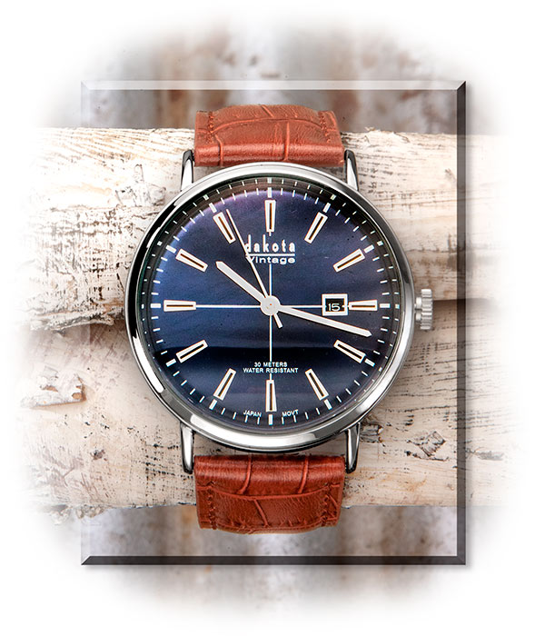 DRESS WATCH WITH LEATHER BAND - BLUE FACE - COGANC COLORED LEATHER BAND - JAPANESE MOVEMENT - MINERA