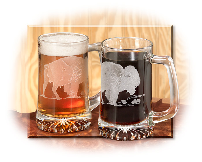 Mouth blown crystal glass 15 oz Mug with Bison Etching from master carver Lorraine Coyle