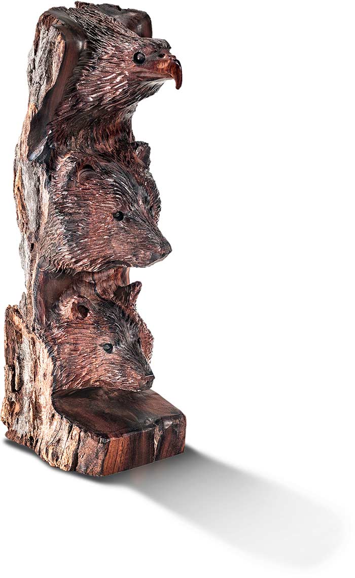 Ironwood Predators Totem - The faces of the Eagle, Bear, and the Wolf are handcarved into solid wood