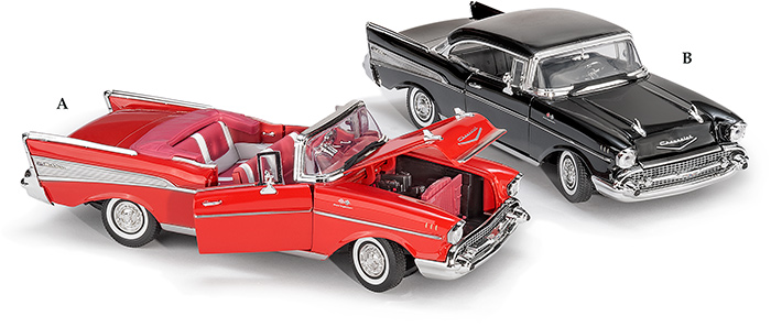 1957 Chevy Bel Air toy model car replica. 1:18 scale with functional wheels, doors, and hood.