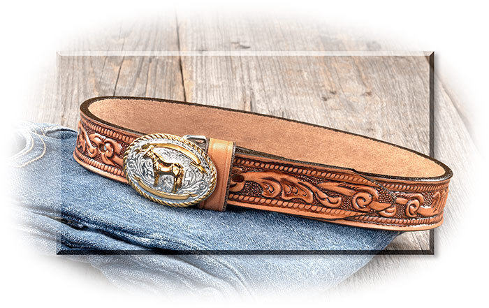 Baby's EMBOSSED Western LEATHER BELT W/TROPHY BUCKLE - 20" - LIGHT BROWN LEATHER - Handmade in USA