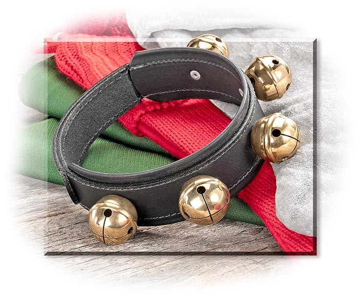 Handmade Santa's Hand Bells - USA Made 5 Brass Bells on Black English Gingerich Leather Bridle