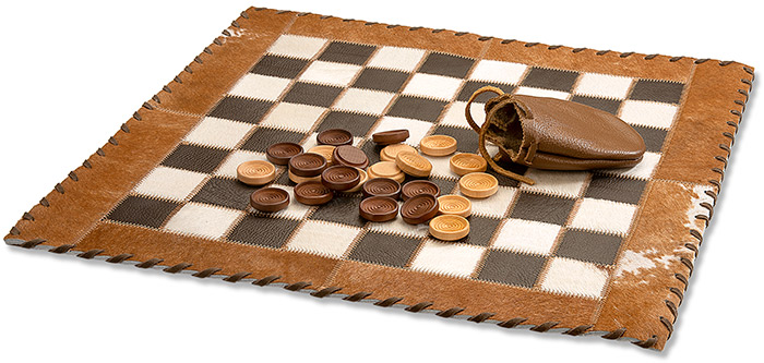 HAIR-ON-HIDE & LEATHER CHECKERBOARD SET W/CHECKERS & POUCH - TAN LEATHER