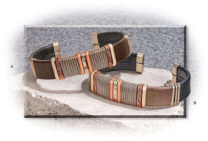 LIGHT BROWN LEATHER BRACELET - STRAIGHT BANDS OF COPPER AND WHITE COPPER - FLEX CORE