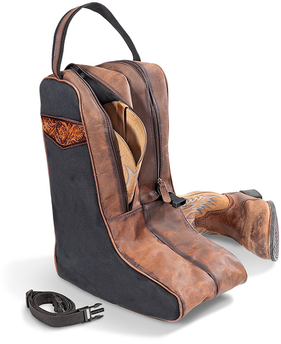 BLACK CANVAS BOOT STORAGE BAG - BROWN LEATHER SIDES - BROWN WESTERN FLORAL TOOLED ACCENTS