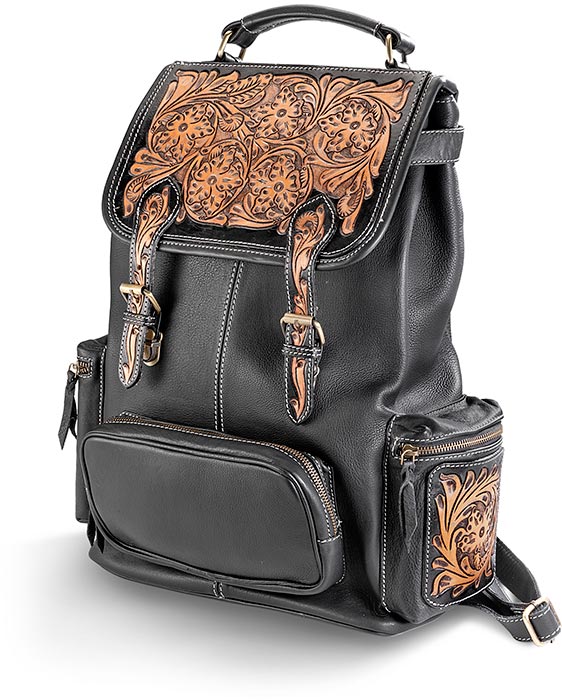 LEATHER BACKPACK - BLACK LEATHER W/BROWN WESTERN FLORAL TOOLING ACCENTS