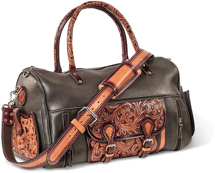 TOOLED LEATHER DUFFEL BAG - CHOCOLATE BROWN WATER BUFFALO LEATHER - TAN TOOLED LEATHER ACCENT