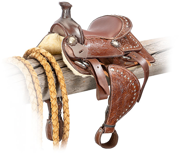 WESTERN TOY SADDLE - BROWN LEATHER - FLORAL EMBOSSING - 6" SADDLE SEAT - FLEECE PADDING