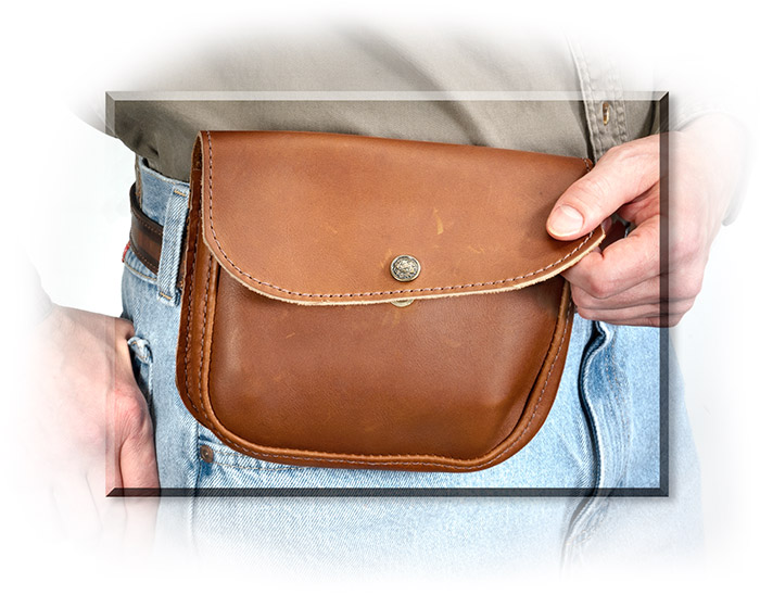 HANDMADE POUCH - MEDIUM BROWN LEATHER - FLAP CLOSURE - FITS ON A 1" BELT