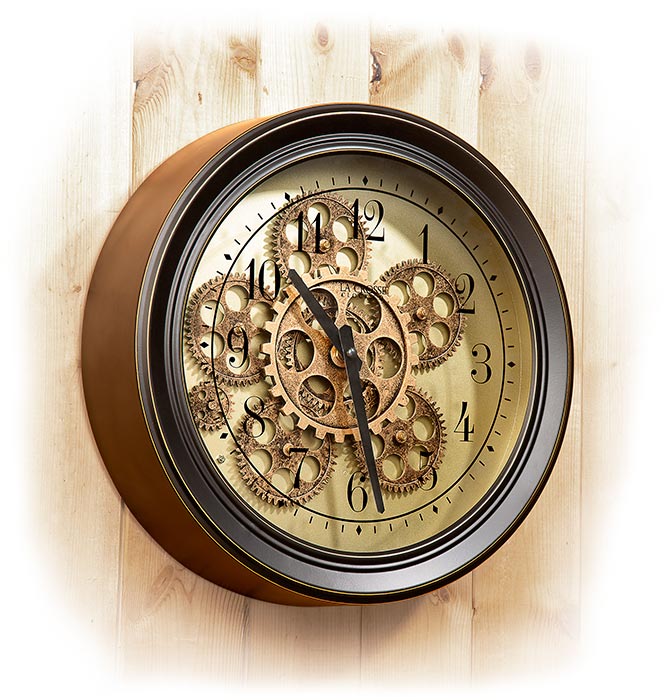 WALL CLOCK WITH MOVING GEARS - 13 INCH - OIL RUBBED BRONZE/BLACK METAL CASE - METAL HANDS - GLASS