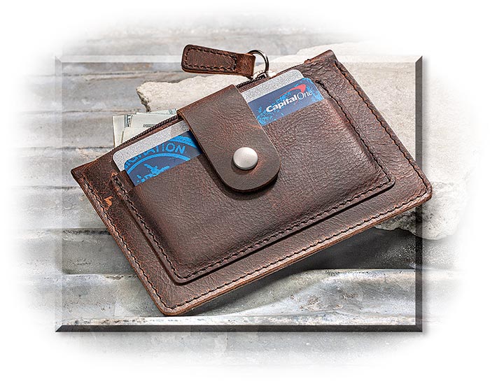 CARD CASE HOLDER DISTRESSED BROWN - GENUINE COWHIDE LEATHER - 3 CARD SLOTS - 1 ZIPPER POCKET