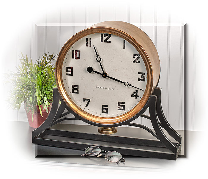 STATION CLOCK - IRON SHEET METAL ANTIQUED GOLD AND BLACK BASE - TAKES 1 AA BATTERY