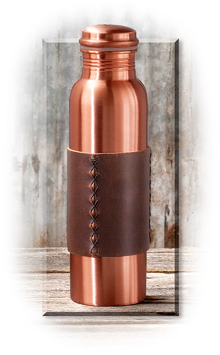 LEATHER WRAPPED COPPER WATER BOTTLE - 100% COPPER - SADDLE BROWN GENUINE LEATHER WRAP