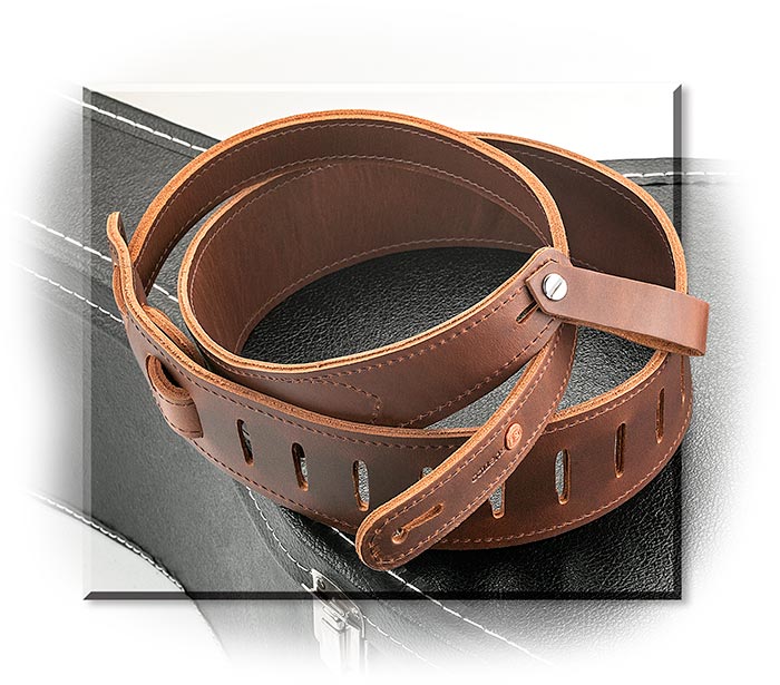 LEATHER GUITAR STRAP - SADDLE BROWN - DOUBLE SIDED STITCHING - BUILT-IN PICK HOLDER - 42" - 55"
